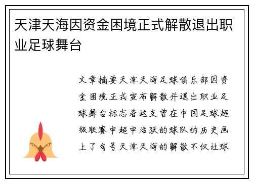 天津天海因资金困境正式解散退出职业足球舞台